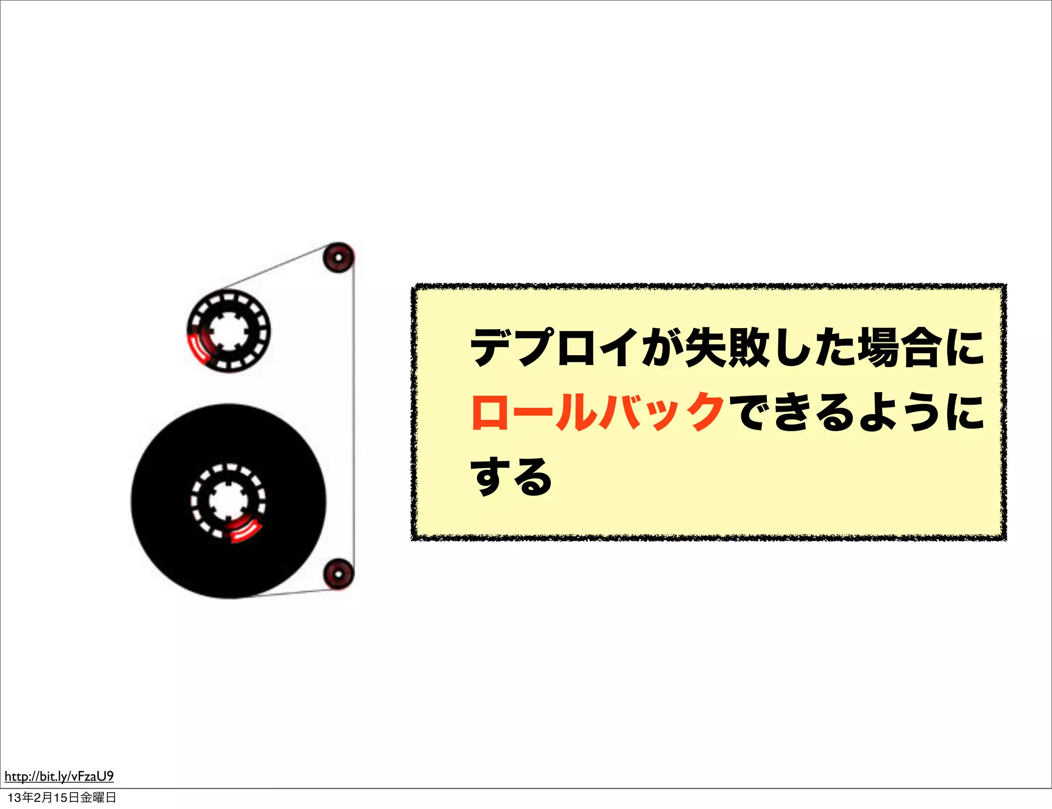 デプロイが失敗した場合に
                       ロールバックできるように
                       する




http://bit.ly/vFzaU9
13年2月15日金曜日
 