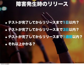障害発生時のリリース


    • テストが完了してからリリースまで1日以内？
    • テストが完了してからリリースまで3日以内？
    • テストが完了してからリリースまで1週間以内？
    • それ以上かかる？

                           http://bit.ly/zeFv2G
13年2月15日金曜日
 