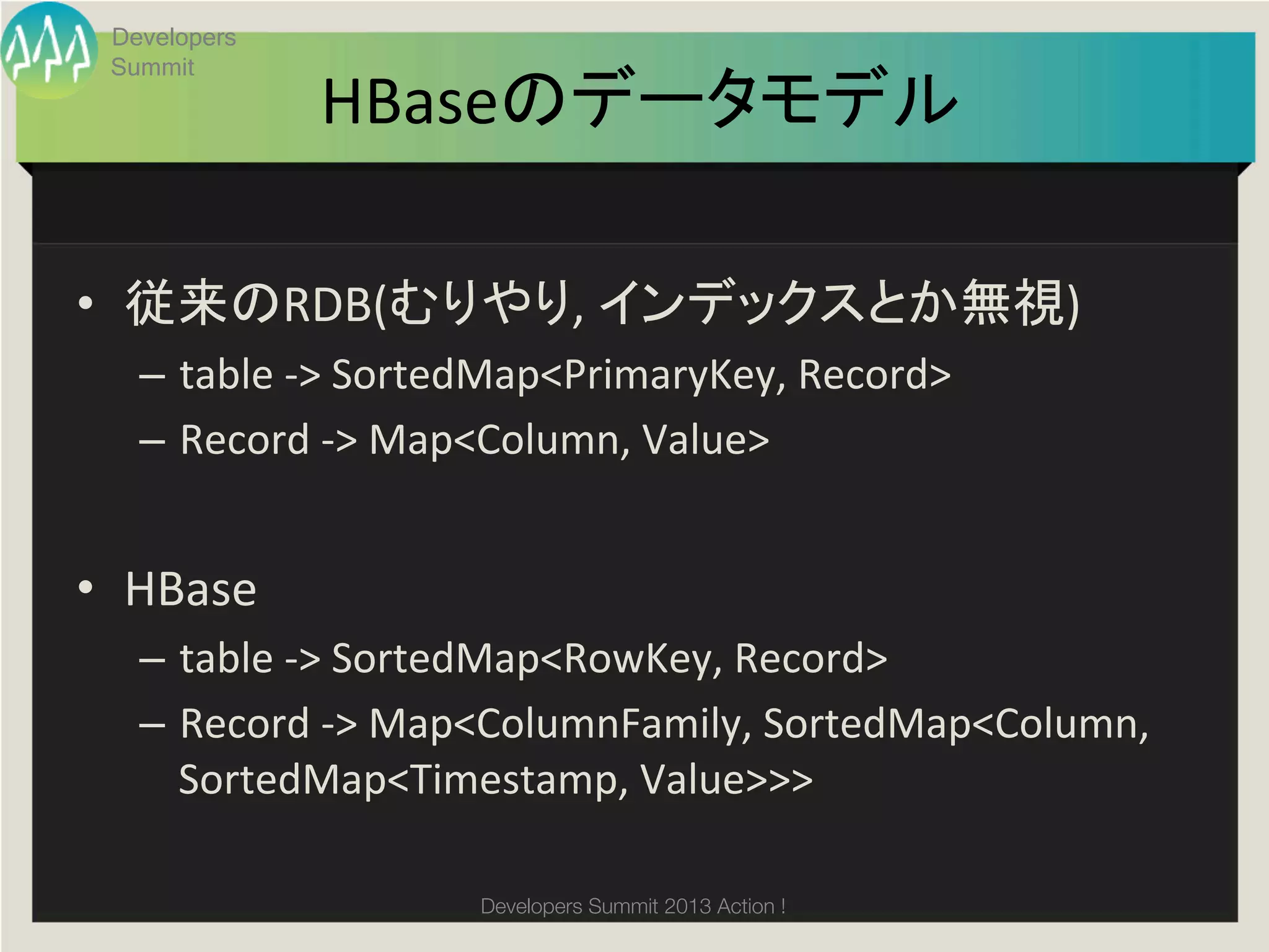 Developers
       Summit
                     HBaseのデータモデル	

•  従来のRDB(むりやり,	
  インデックスとか無視)	
  
         –  table	
  -­‐>	
  SortedMap<PrimaryKey,	
  Record>	
  
         –  Record	
  -­‐>	
  Map<Column,	
  Value>	
  


•  HBase	
  
         –  table	
  -­‐>	
  SortedMap<RowKey,	
  Record>	
  
         –  Record	
  -­‐>	
  Map<ColumnFamily,	
  SortedMap<Column,	
  
            SortedMap<Timestamp,	
  Value>>>	
  
	
  
                                Developers Summit 2013 Action ! 
 