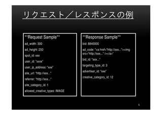 リクエスト／レスポンスの例

**Request Sample**              **Response Sample**
ad_width: 300                   bid: 8840000
ad_height: 250                  ad_code: "<a href="http://xxx..."><img
                                src="http://xxx..." /></a>"
spot_id: xxx
                                bid_id: "xxx..."
user_id: "xxxx"
                                targeting_type_id: 3
user_ip_address: "xxx"
                                advertiser_id: "xxx"
site_url: "http://xxx..."
                                creative_category_id: 12
referrer: "http://xxx..."
site_category_id: 1
allowed_creative_types: IMAGE



                                                                         5
 