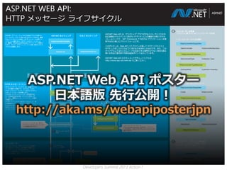 ASP.NET Web API ポスター
     日本語版 先行公開！
http://aka.ms/webapiposterjpn



         Developers Summit 2013 Action !
 