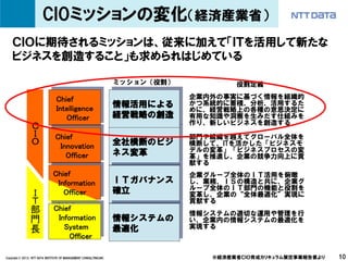 CIOミッションの変化（経済産業省）
    ＣＩＯに期待されるミッションは、従来に加えて「ＩＴを活用して新たな
    ビジネスを創造すること」も求められはじめている

                                                                   ミッション（役割）           役割定義

                                Chief                                          企業内外の事実に基づく情報を組織的
                                                                   情報活用による     かつ系統的に蓄積、分析、活用するた
                                Intelligence                                   めに、経営戦略上の各種の意思決定に
                                   Officer                         経営戦略の創造     有用な知識や洞察を生みだす仕組みを
                                                                               作り、新しいビジネスを創造する
                Ｃ
                Ｉ               Chief                                          部門や組織を越えてグローバル全体を
                Ｏ                Innovation
                                                                   全社横断のビジ     横断して、ITを活かした「ビジネスモ
                                                                   ネス変革        デルの変革」「ビジネスプロセスの変
                                   Officer                                     革」を推進し、企業の競争力向上に貢
                                                                               献する
                              Chief                                            企業グループ全体のＩＴ活用を俯瞰
                               Information                         ＩＴガバナンス     し、業務、ＩＳの構造と共に、企業グ
                                                                   確立          ループ全体のＩＴ部門の機能と役割を
                Ｉ                Officer                                       変革し、企業の“全体最適化”実現に
                Ｔ                                                              貢献する
                部              Chief
                                                                               情報システムの適切な運用や管理を行
                門               Information                        情報システムの     い、企業内の情報システムの最適化を
                長                 System                           最適化         実現する
                                    Officer

Copyright © 2013 NTT DATA INSTITUTE OF MANAGEMENT CONSULTING,INC                  ※経済産業省ＣＩＯ育成カリキュラム策定事業報告書より   10
 