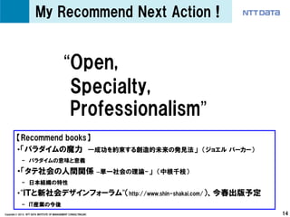 My Recommend Next Action !


                                              “Open,
                                               Specialty,
                                               Professionalism”
         【Recommend books】
         ・「パラダイムの魔力 ―成功を約束する創造的未来の発見法」                                                 （ジョエル バーカー）
             - パラダイムの意味と意義

         ・「タテ社会の人間関係                                               –単一社会の理論-」 （中根千枝）
             - 日本組織の特性
         ・”ＩＴと新社会デザインフォーラム”（http://www.shin-shakai.com/）、今春出版予定
             - IT産業の今後
Copyright © 2013 NTT DATA INSTITUTE OF MANAGEMENT CONSULTING,INC                                     14
 