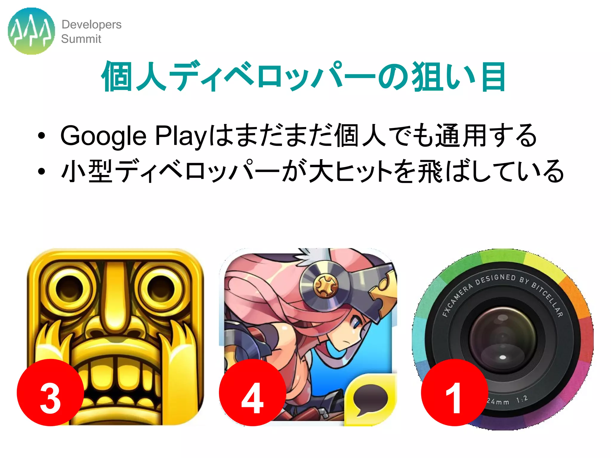 Developers
 Summit


       個人ディベロッパーの狙い目
• Google Playはまだまだ個人でも通用する
• 小型ディベロッパーが大ヒットを飛ばしている




3             4    1
 