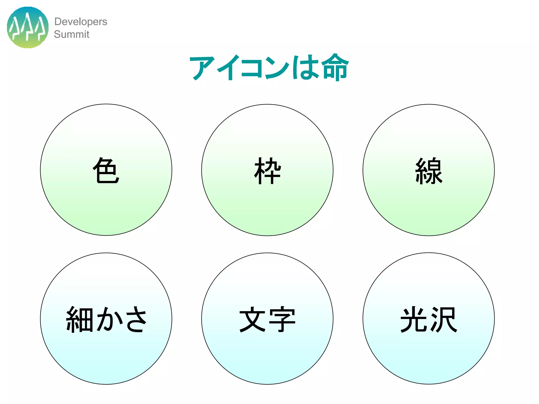 Developers
Summit


             アイコンは命


      色        枠      線



  細かさ         文字      光沢
 