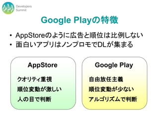 Developers
 Summit


              Google Playの特徴
• AppStoreのように広告と順位は比例しない
• 面白いアプリはノンプロモでDLが集まる

        AppStore       Google Play

 クオリティ重視              自由放任主義
 順位変動が激しい             順位変動が少ない
 人の目で判断               アルゴリズムで判断
 