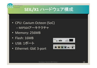 Developers
    Summit
                 SEIL/X1 ハードウェア構成

• CPU: Cavium Octeon (SoC)
      – MIPS64アーキテクチャ
•    Memory: 256MB
•    Flash: 16MB
•    USB: 1ポート
•    Ethernet: GbE 3-port


                     Developers Summit 2013 Action !   13
 