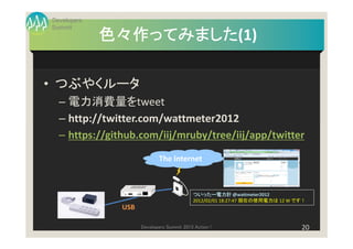 Developers
Summit
             色々作ってみました(1)
             色々作ってみました

• つぶやくルータ
  – 電力消費量をtweet
  – http://twitter.com/wattmeter2012
  – https://github.com/iij/mruby/tree/iij/app/twitter

                            The Internet



                                           ついったー電力計
                                           ついったー電力計 @wattmeter2012
                                           2012/02/01 18:27:47 現在の使用電力は 12 W です！
               USB

                     Developers Summit 2013 Action !                          20
 