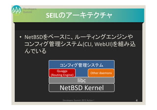 Developers
Summit
                 のアーキテクチャ
             SEILのアーキテクチャ

• NetBSDをベースに、ルーティングエンジンや
  コンフィグ管理システム(CLI, WebUI)を組み込
  んでいる

                   コンフィグ管理システム
                 Quagga
                                                Other daemons
             (Routing Engine)
                                   libc
                   NetBSD Kernel
                     Developers Summit 2013 Action !            4
 