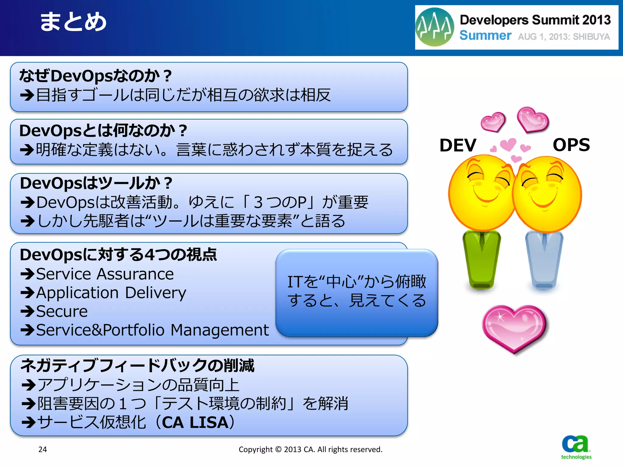24
まとめ
Copyright © 2013 CA. All rights reserved.
DEV OPS
なぜDevOpsなのか？
目指すゴールは同じだが相互の欲求は相反
DevOpsとは何なのか？
明確な定義はない。言葉に惑わされず本質を捉える
DevOpsはツールか？
DevOpsは改善活動。ゆえに「３つのP」が重要
しかし先駆者は“ツールは重要な要素”と語る
DevOpsに対する4つの視点
Service Assurance
Application Delivery
Secure
Service&Portfolio Management
ITを“中心”から俯瞰
すると、見えてくる
ネガティブフィードバックの削減
アプリケーションの品質向上
阻害要因の１つ「テスト環境の制約」を解消
サービス仮想化（CA LISA）
 