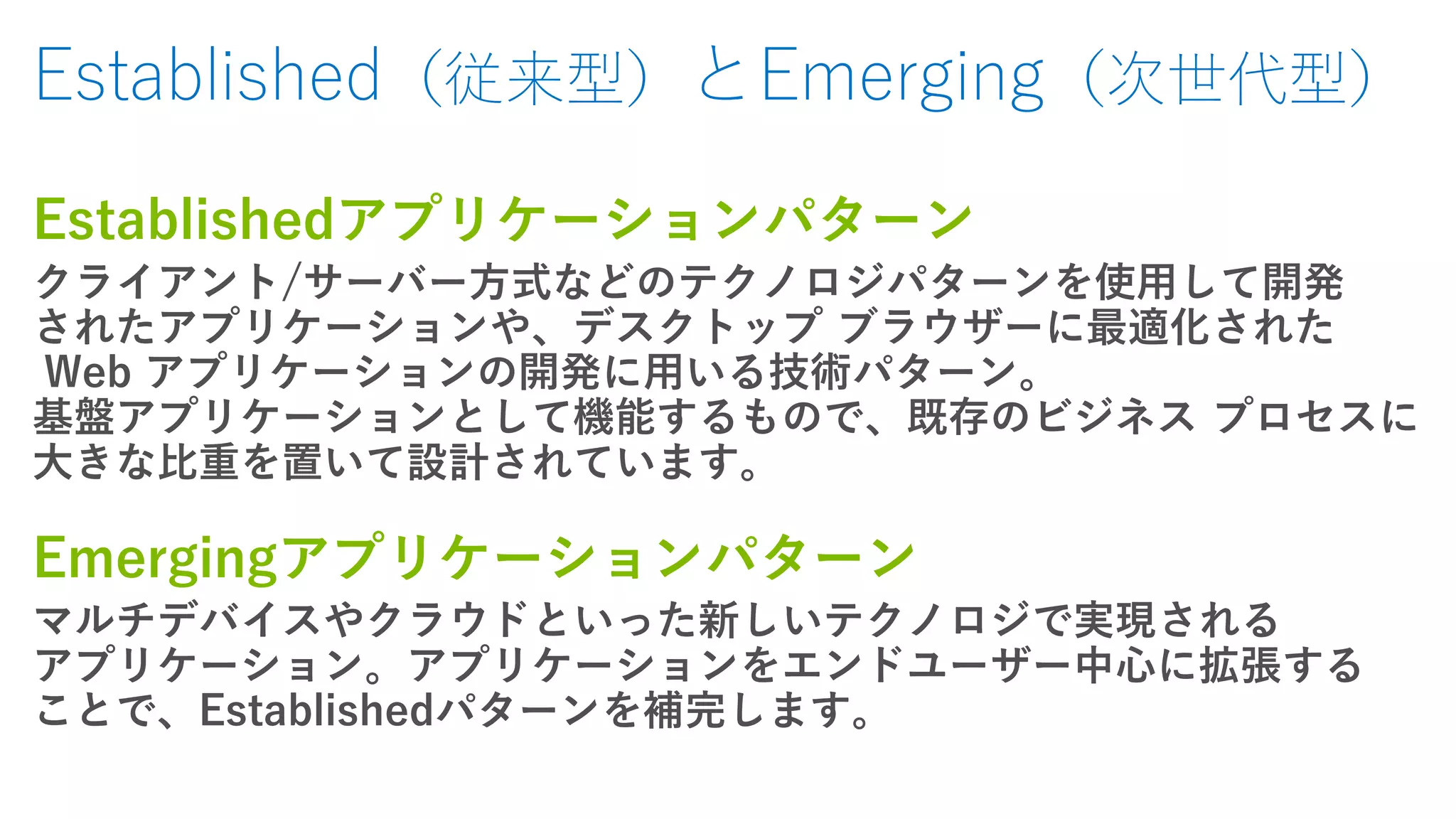Established（従来型）とEmerging（次世代型）
Establishedアプリケーションパターン
クライアント/サーバー方式などのテクノロジパターンを使用して開発
されたアプリケーションや、デスクトップ ブラウザーに最適化された
Web アプリケーションの開発に用いる技術パターン。
基盤アプリケーションとして機能するもので、既存のビジネス プロセスに
大きな比重を置いて設計されています。
Emergingアプリケーションパターン
マルチデバイスやクラウドといった新しいテクノロジで実現される
アプリケーション。アプリケーションをエンドユーザー中心に拡張する
ことで、Establishedパターンを補完します。
 