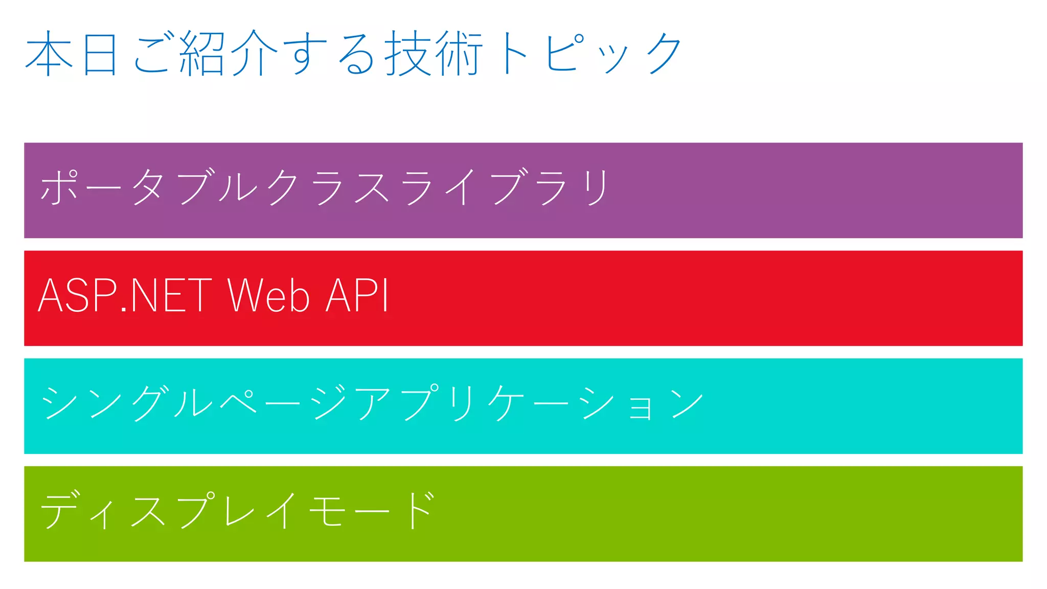 本日ご紹介する技術トピック
ポータブルクラスライブラリ
ASP.NET Web API
シングルページアプリケーション
ディスプレイモード
 