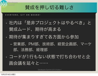 Developers
     Summit
                        賛成を押し切る難しさ
   EVERYONE,      GIT   ON   BOARD!




   • 社内は「是非プロジェクトはやるべき」と
     賛成ムード、期待が高まる
   • 期待が集まりすぎて各方面から参加
       ‒ 営業部、PM部、技術部、経営企画部、マーケ
         部、法務部、経理部
   • コードが1行もない状態で打ち合わせと企
     画会議を延々と……
                                 Developers Summit 2013 Action !   11

13年2月19日火曜日
 