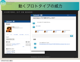 Developers
     Summit
                   動くプロトタイプの威力
   EVERYONE,      GIT   ON   BOARD!




                                 Developers Summit 2013 Action !   12

13年2月19日火曜日
 
