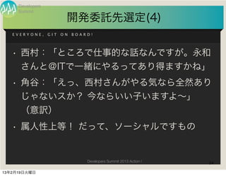 Developers
     Summit
                         開発委託先選定(4)
   EVERYONE,      GIT   ON   BOARD!




   • 西村：「ところで仕事的な話なんですが。永和
      さんと＠ITで一緒にやるってあり得ますかね」
   • 角谷：「えっ、西村さんがやる気なら全然あり
      じゃないスか？ 今ならいい子いますよ∼」
      （意訳）
   • 属人性上等！ だって、ソーシャルですもの


                                 Developers Summit 2013 Action !   24

13年2月19日火曜日
 
