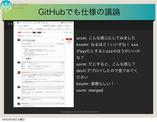Developers
     Summit
                    GitHubでも仕様の議論
   EVERYONE,      GIT   ON   BOARD!




                                             ursm: こんな感じにしてみました
                                             knsmr: なるほど！いいすね！ xxx
                                             がyyyだとするとzzzのほうがいいか
                                             な？
                                             usrm: だとすると、こんな感じ？
                                             devにデプロイしたので見てみてく
                                             ださい
                                             knsmr: 素晴らしい！
                                             usrm: merged




                                 Developers Summit 2013 Action !     30

13年2月19日火曜日
 