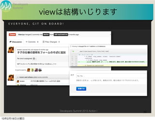 Developers
     Summit
                        viewは結構いじります
   EVERYONE,      GIT   ON   BOARD!




                                 Developers Summit 2013 Action !   36

13年2月19日火曜日
 