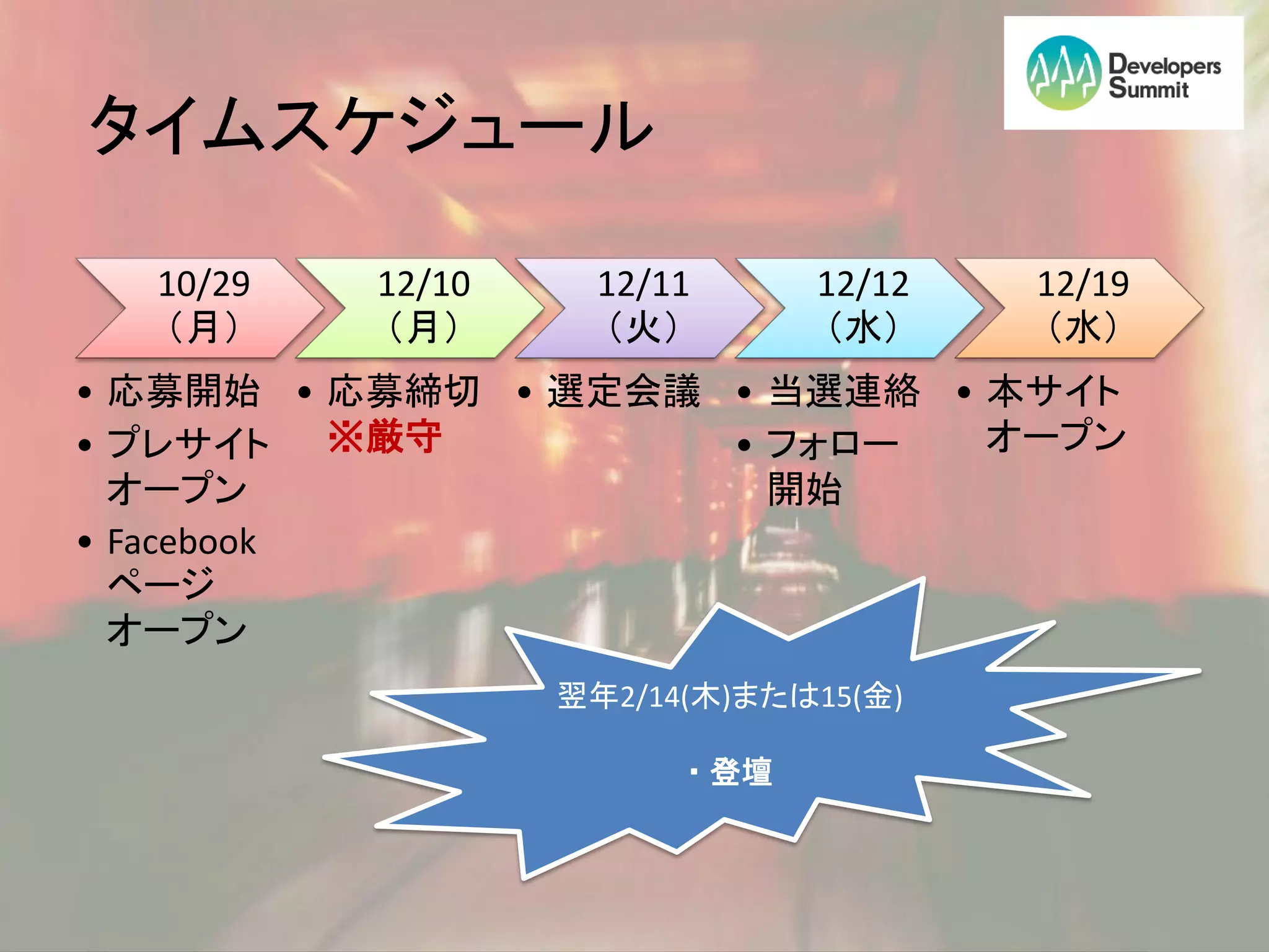 タイムスケジュール

  10/29   12/10    12/11       12/12   12/19
  （月）     （月）      （火）         （水）     （水）
• 応募開始 • 応募締切 • 選定会議 • 当選連絡 • 本サイト
• プレサイト ※厳守          • フォロー   オープン
  オープン                 開始
• Facebook
  ページ
  オープン
                  翌年2/14(木)または15(金)

                        ・ 登壇
 