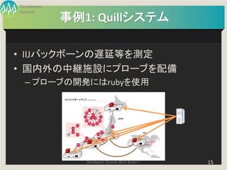Developers
Summit
             事例1: Quillシステム

• IIJバックボーンの遅延等を測定
• 国内外の中継施設にプローブを配備
  – プローブの開発にはrubyを使用




                Developers Summit 2013 Action !   15
 