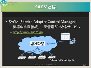Developers
 Summit
                SACMとは

• SACM [Service Adapter Control Manager]
   – 機器の自動接続、一元管理ができるサービス
   – http://www.sacm.jp/




                                      SA=Service Adapter
                Developers Summit 2013 Action !            23
 