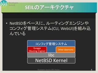 Developers
Summit
             SEILのアーキテクチャ

• NetBSDをベースに、ルーティングエンジンや
  コンフィグ管理システム(CLI, WebUI)を組み込
  んでいる

                   コンフィグ管理システム
                 Quagga
                                                Other daemons
             (Routing Engine)
                                   libc
                   NetBSD Kernel
                     Developers Summit 2013 Action !            4
 