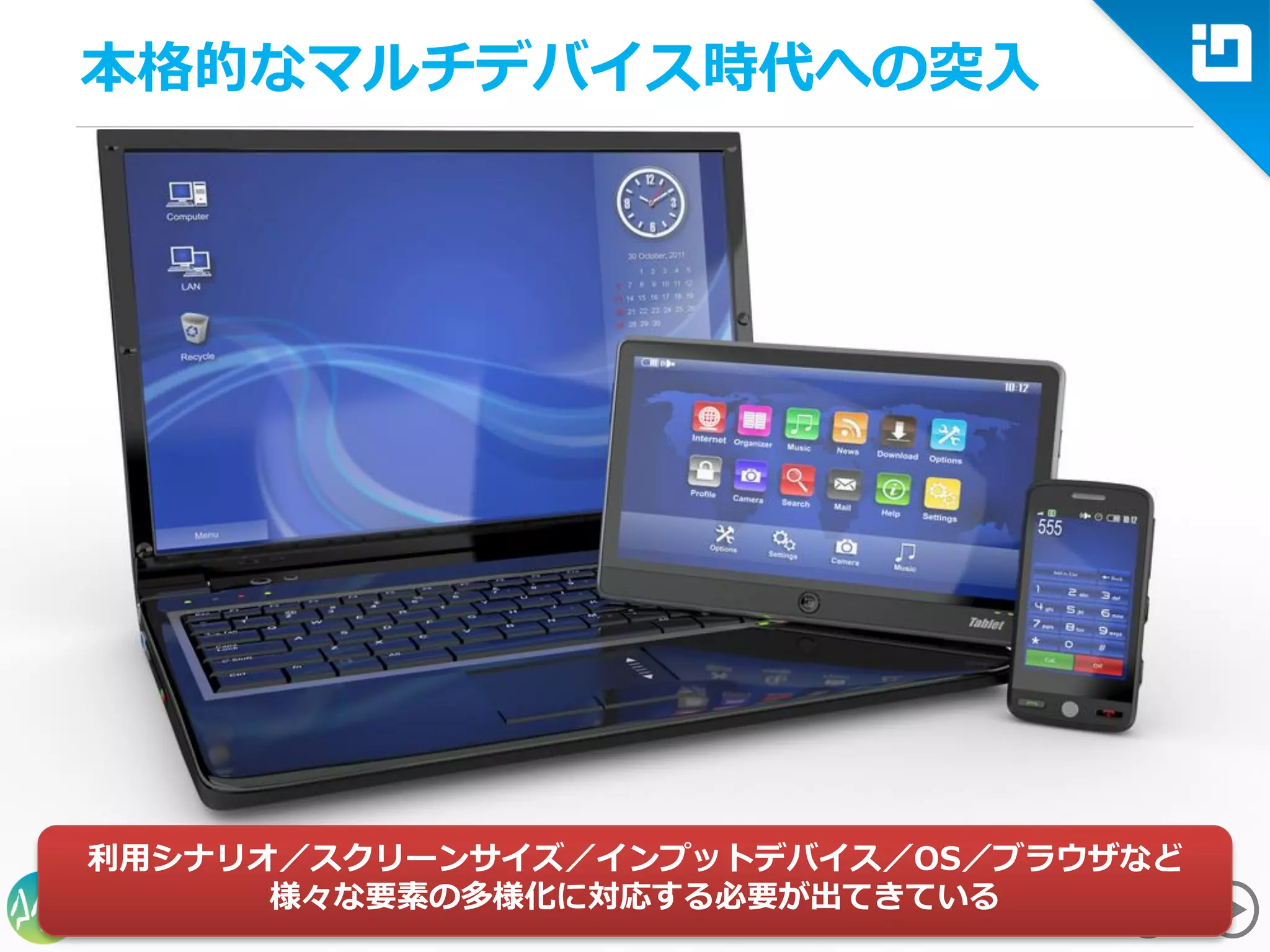 Summit
Developers
本格的なマルチデバイス時代への突入
利用シナリオ／スクリーンサイズ／インプットデバイス／OS／ブラウザなど
様々な要素の多様化に対応する必要が出てきている
 