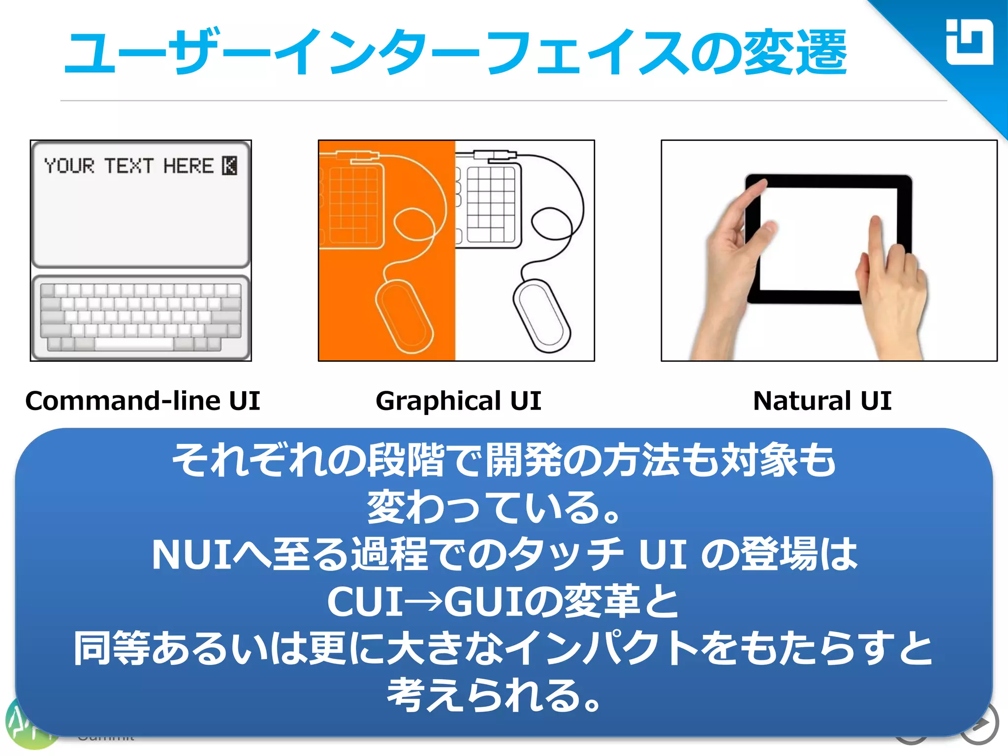 Summit
Developers
ユーザーインターフェイスの変遷
それぞれの段階で開発の方法も対象も
変わっている。
NUIへ至る過程でのタッチ UI の登場は
CUI→GUIの変革と
同等あるいは更に大きなインパクトをもたらすと
考えられる。
Command-line UI Graphical UI Natural UI
 