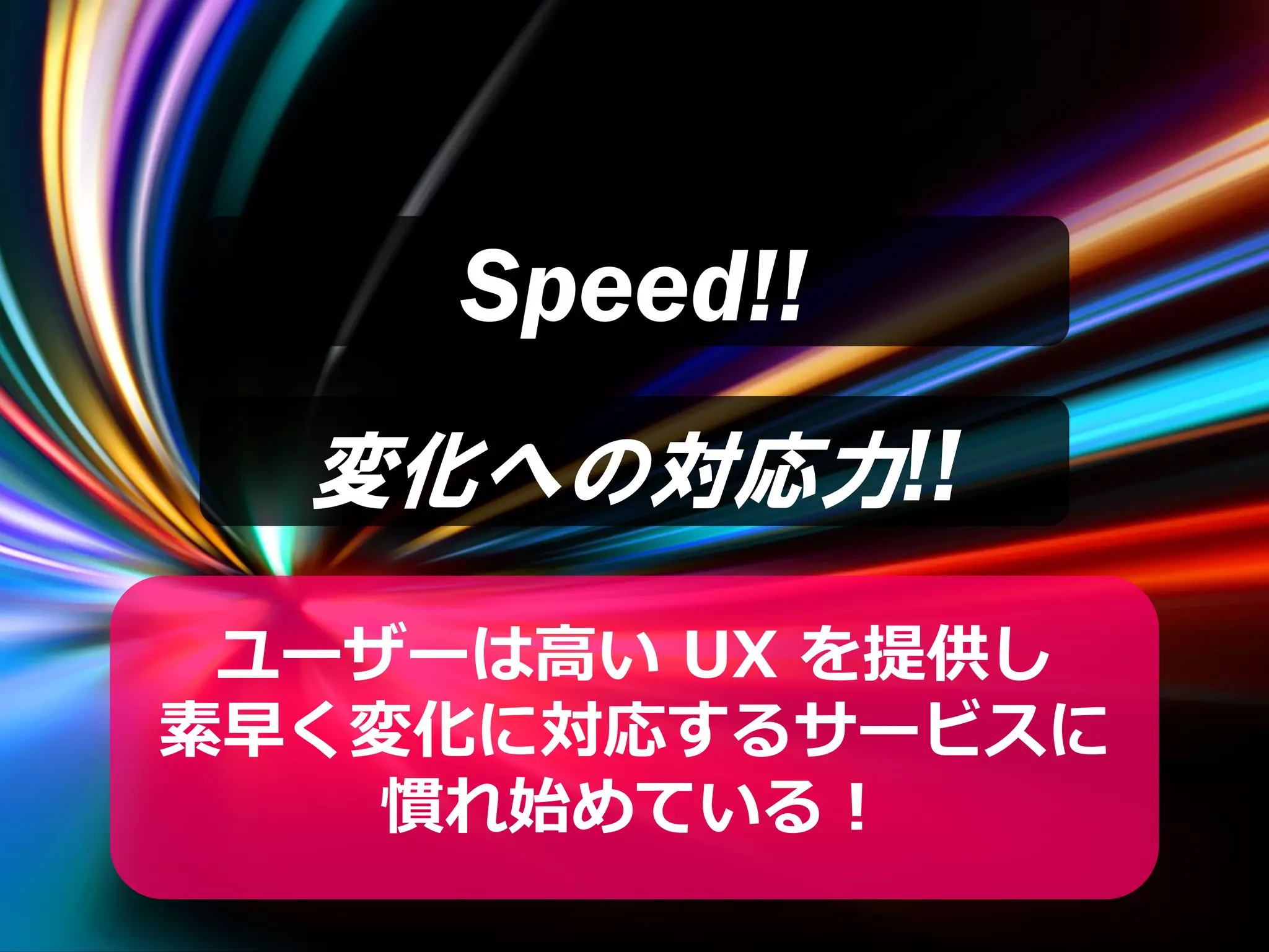 Speed!!
変化への対応力!!
ユーザーは高い UX を提供し
素早く変化に対応するサービスに
慣れ始めている！
 