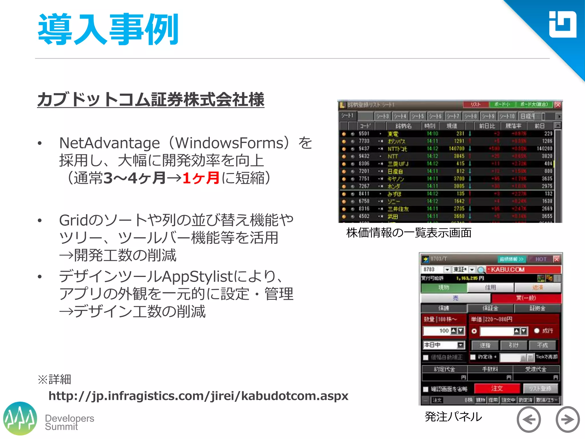 Summit
Developers
導入事例
カブドットコム証券株式会社様
• NetAdvantage（WindowsForms）を
採用し、大幅に開発効率を向上
（通常3～4ヶ月→1ヶ月に短縮）
• Gridのソートや列の並び替え機能や
ツリー、ツールバー機能等を活用
→開発工数の削減
• デザインツールAppStylistにより、
アプリの外観を一元的に設定・管理
→デザイン工数の削減
※詳細
http://jp.infragistics.com/jirei/kabudotcom.aspx
株価情報の一覧表示画面
発注パネル
 