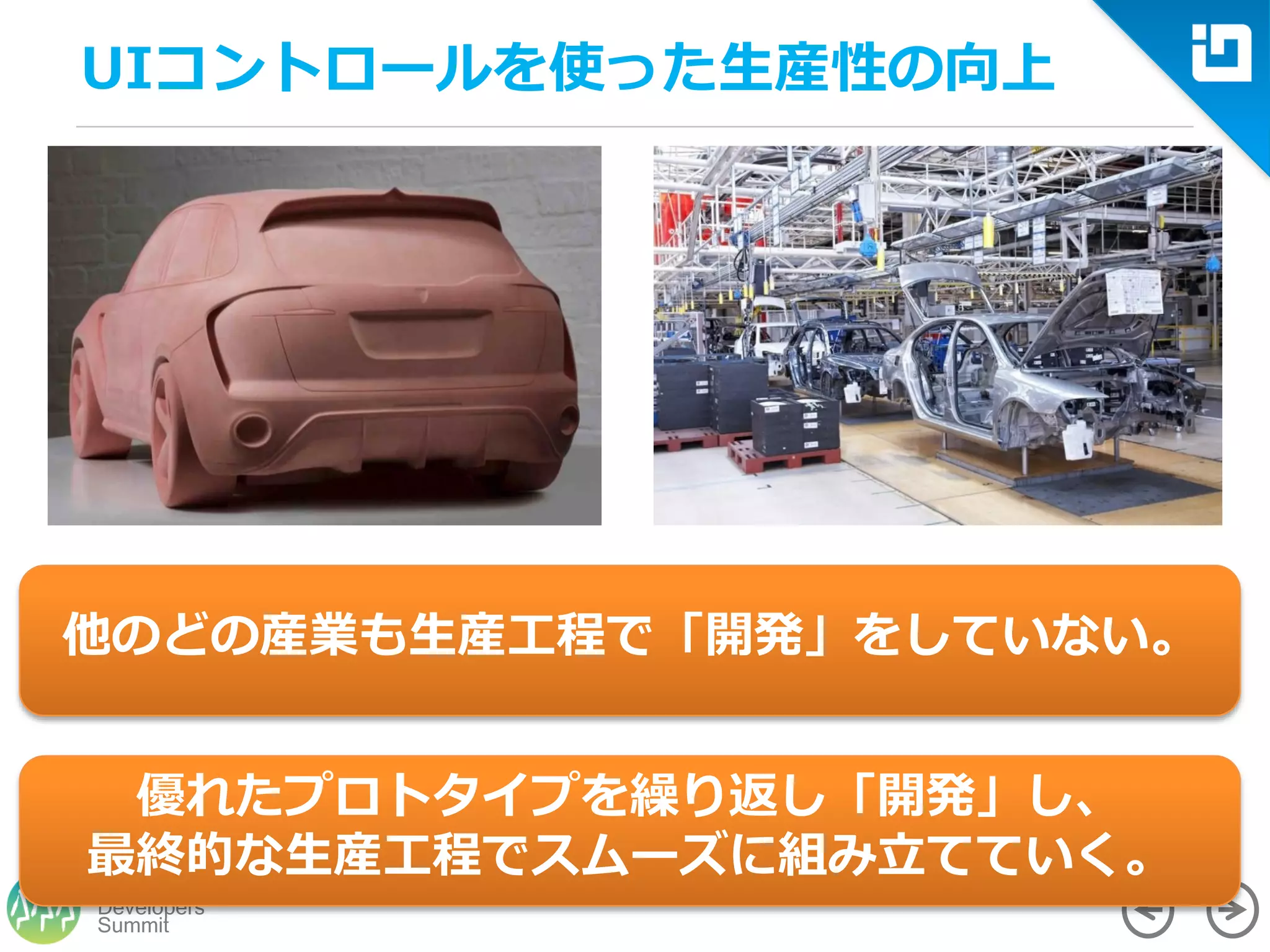 Summit
Developers
UIコントロールを使った生産性の向上
他のどの産業も生産工程で「開発」をしていない。
優れたプロトタイプを繰り返し「開発」し、
最終的な生産工程でスムーズに組み立てていく。
 