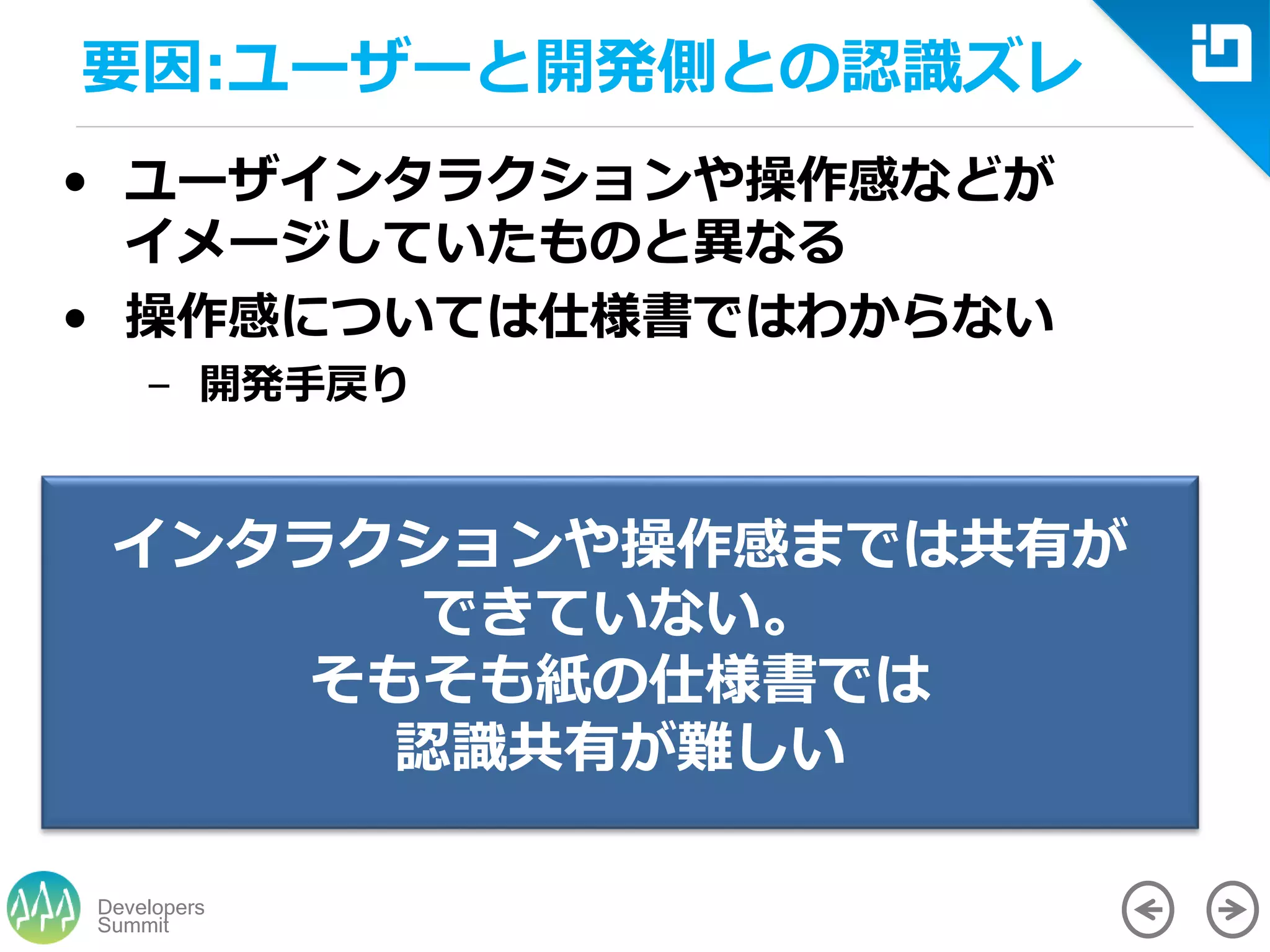 Summit
Developers
インタラクションや操作感までは共有が
できていない。
そもそも紙の仕様書では
認識共有が難しい
• ユーザインタラクションや操作感などが
イメージしていたものと異なる
• 操作感については仕様書ではわからない
– 開発手戻り
要因:ユーザーと開発側との認識ズレ
 