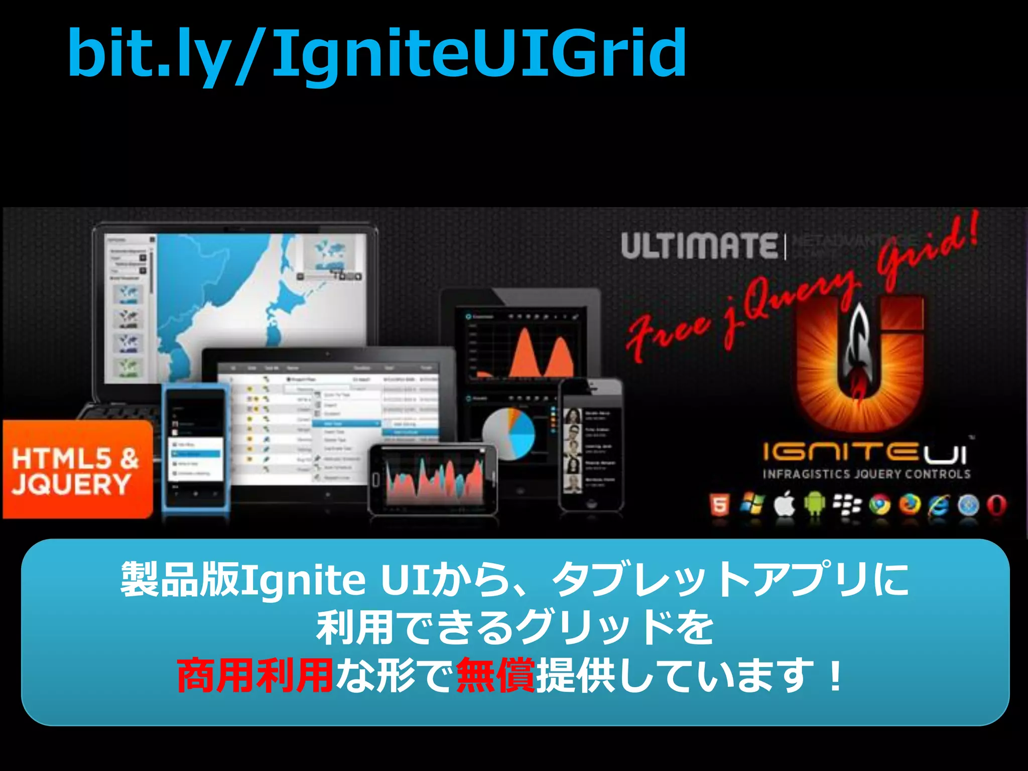 bit.ly/IgniteUIGrid
製品版Ignite UIから、タブレットアプリに
利用できるグリッドを
商用利用な形で無償提供しています！
 