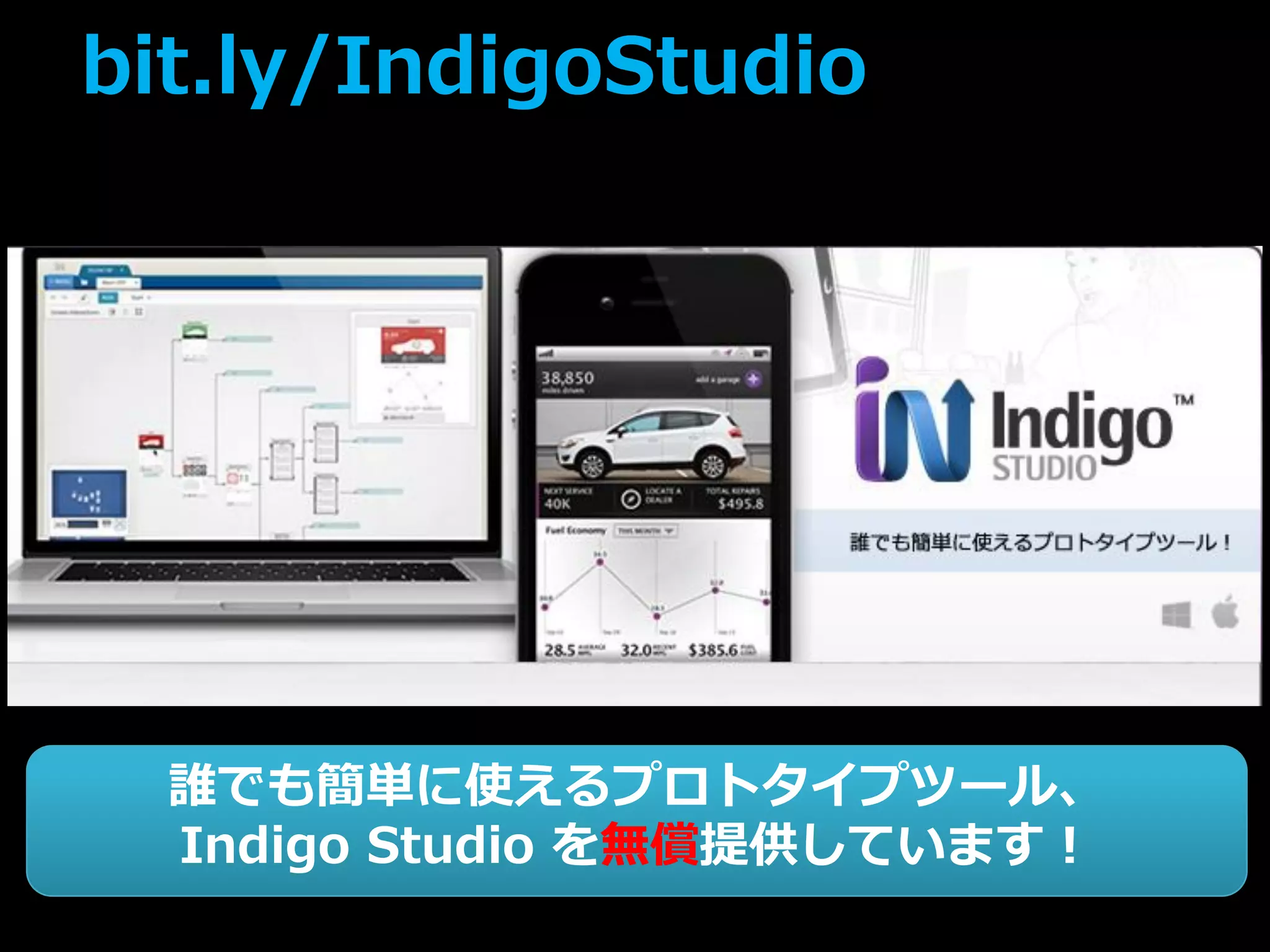 bit.ly/IndigoStudio
誰でも簡単に使えるプロトタイプツール、
Indigo Studio を無償提供しています！
 