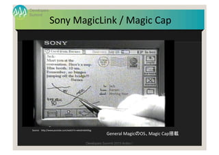 Developers
Summit
                    Sony	
  MagicLink	
  /	
  Magic	
  Cap	




 Source	
  	
  	
  	
  h1p://www.youtube...