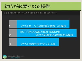 対応が必要となる操作
AN   OPERATION          THAT   NEEDS   TO   BE   DEALT   WITH




     Developers Summit
        2013 Action !
 