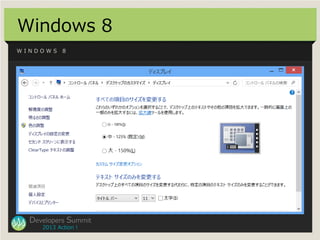 Windows 8
WINDOWS     8




  Developers Summit
     2013 Action !
 