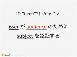 ID Tokenでわかること 
isser が audience のために 
subject を認証する 
Copyright 2013 OpenID Foundation Japan - All Rights Reserved. 
 