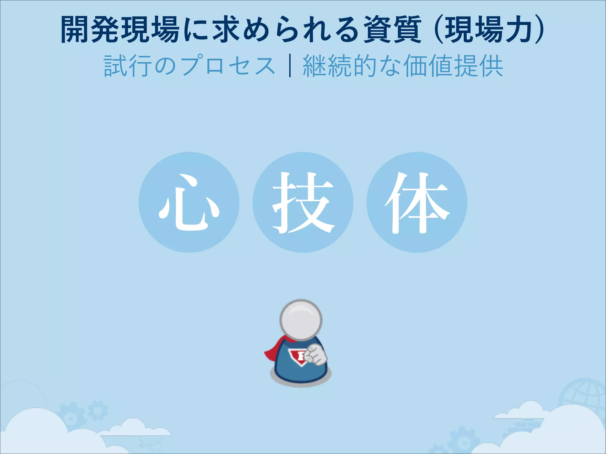開発現場に求められる資質 (現場力)
試行のプロセス ¦ 継続的な価値提供

心 技 体

 