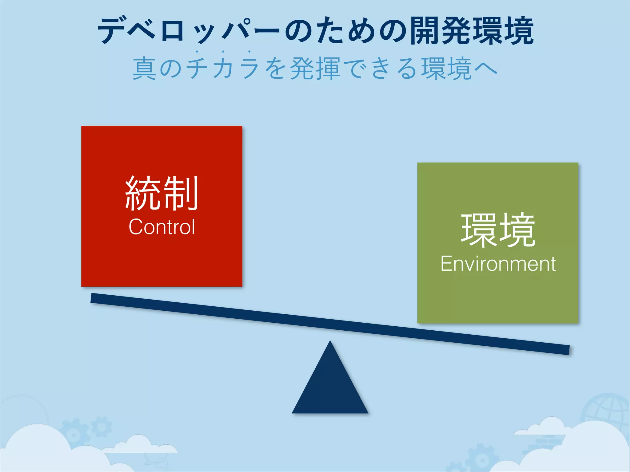 デベロッパーのための開発環境
•

•

•

真のチカラを発揮できる環境へ

統制
Control

環境
Environment

 
