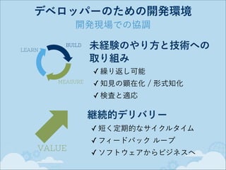 デベロッパーのための開発環境
開発現場での協調
BUILD
LEARN

未経験のやり方と技術への 
取り組み
✓ 繰り返し可能

MEASURE

✓ 知見の顕在化 / 形式知化
✓ 検査と適応

継続的デリバリー
✓ 短く定期的なサイクルタイム
✓ フィードバック ループ

VALUE

✓ ソフトウェアからビジネスへ

 
