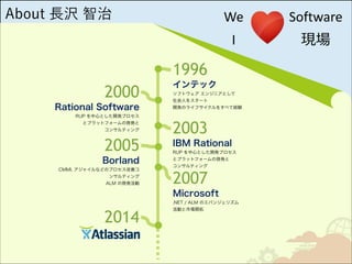 About 長沢 智治

1996
2000
Rational Software
RUP を中心とした開発プロセス 
とプラットフォームの啓発と 
コンサルティング

2005
Borland
CMMI, アジャイルなどのプロセス改善コ
ンサルティング
ALM の啓発活動

インテック
ソフトウェア エンジニアとして 
社会人をスタート
開発のライフサイクルをすべて経験

2003
IBM Rational
RUP を中心とした開発プロセス 
とプラットフォームの啓発と 
コンサルティング

2007

Microsoft
.NET / ALM のエバンジェリズム 

2014

活動と市場開拓

 