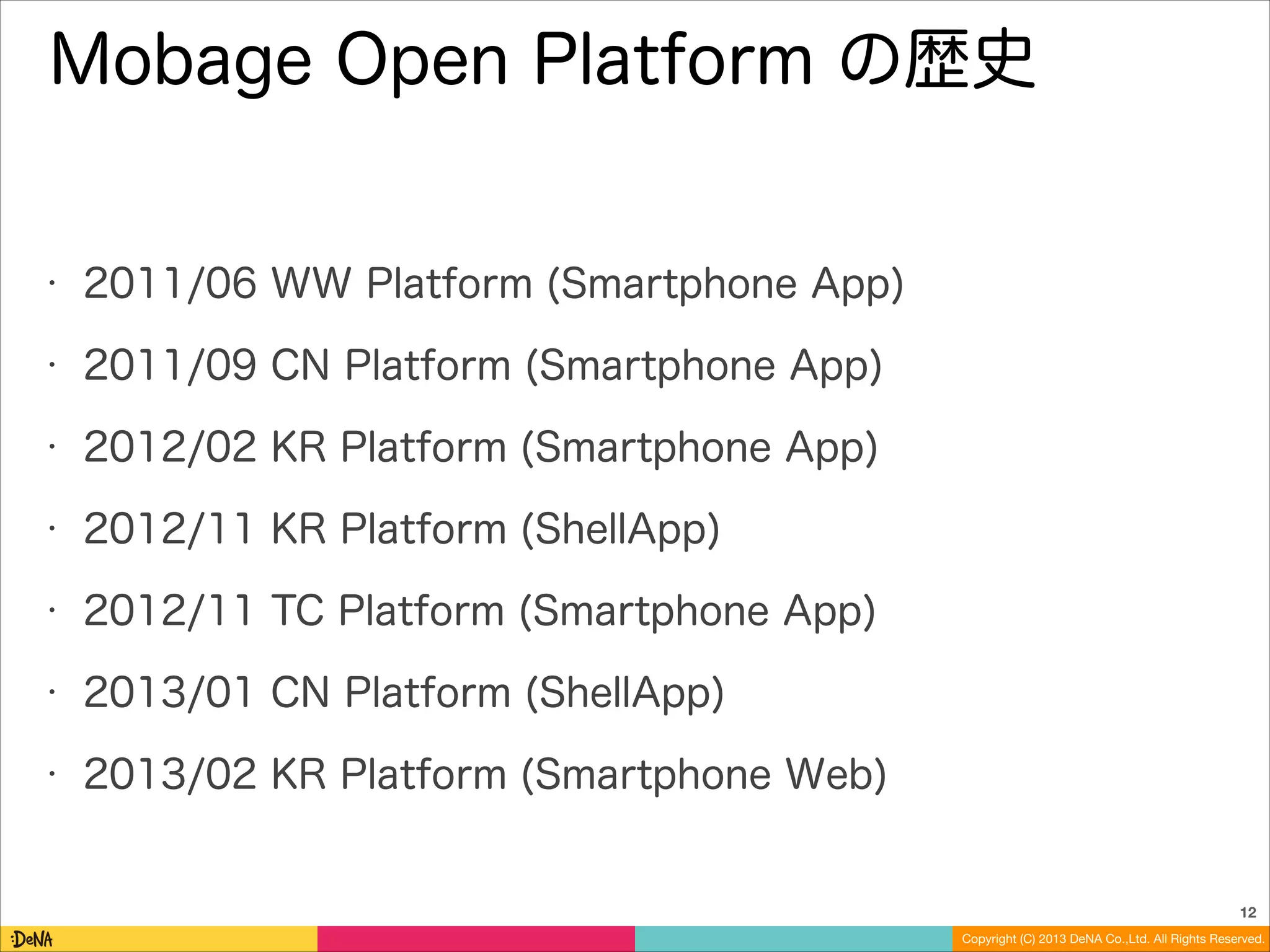 Mobage Open Platform の歴史

•

2011/06 WW Platform (Smartphone App)

•

2011/09 CN Platform (Smartphone App)

•

2012/02 KR Platform (Smartphone App)

•

2012/11 KR Platform (ShellApp)

•

2012/11 TC Platform (Smartphone App)

•

2013/01 CN Platform (ShellApp)

•

2013/02 KR Platform (Smartphone Web)

12
Copyright (C) 2013 DeNA Co.,Ltd. All Rights Reserved.

 