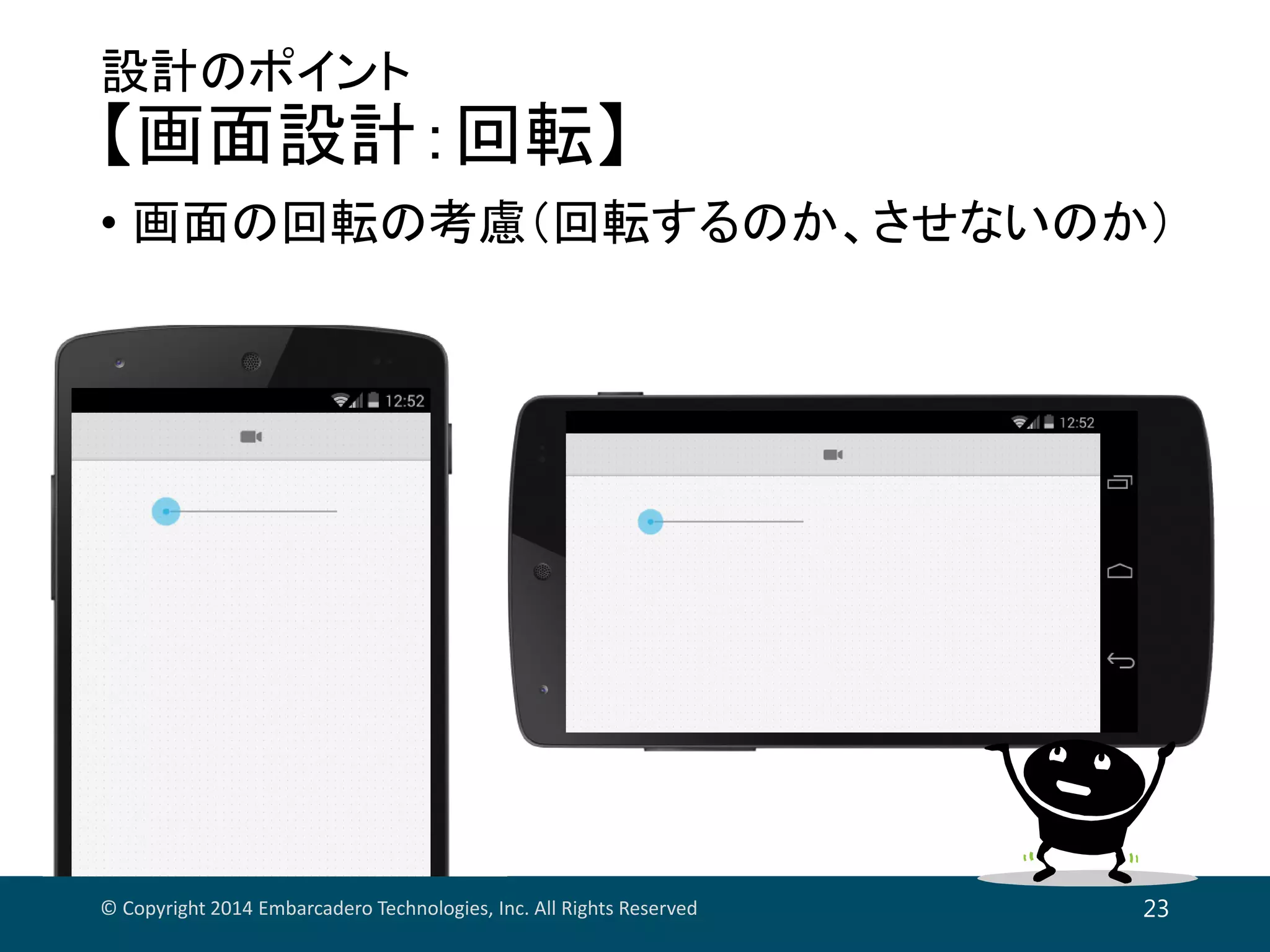 設計のポイント
【画面設計：回転】
• 画面の回転の考慮（回転するのか、させないのか）
© Copyright 2014 Embarcadero Technologies, Inc. All Rights Reserved 23
 