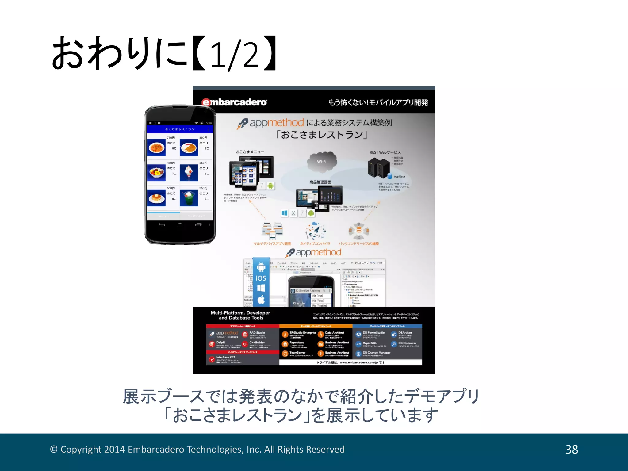 おわりに【1/2】
展示ブースでは発表のなかで紹介したデモアプリ
「おこさまレストラン」を展示しています
© Copyright 2014 Embarcadero Technologies, Inc. All Rights Reserved 38
 