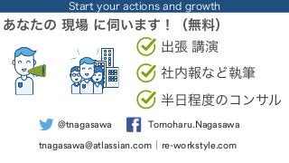 Start your actions and growth
あなたの 現場 に伺います！（無料）
@tnagasawa Tomoharu.Nagasawa
tnagasawa@atlassian.com｜re-workstyle.com
出張 講演
社内報など執筆
半日程度のコンサル
 