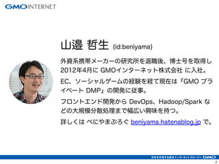 2
山邉 哲生 (id:beniyama)
外資系携帯メーカーの研究所を退職後、博士号を取得し
2012年4月に GMOインターネット株式会社 に入社。
EC、ソーシャルゲームの経験を経て現在は『GMO プラ
イベート DMP』の開発に従事。
フロントエンド開発から DevOps、Hadoop/Spark な
どの大規模分散処理まで幅広い興味を持つ。
詳しくは べにやまぶろぐ beniyama.hatenablog.jp で。
 