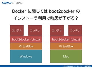 Docker に関しては boot2docker の
インストーラ利用で敷居が下がる？
Windows Mac
VirtualBox VirtualBox
boot2docker (Linux) boot2docker (Linux)
コンテナ コンテナ コンテナ コンテナ
 