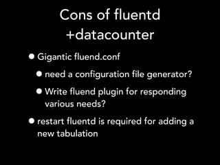 Cons of fluentd
+datacounter
•Gigantic fluend.conf
•need a configuration file generator?
•Write fluend plugin for respondi...
