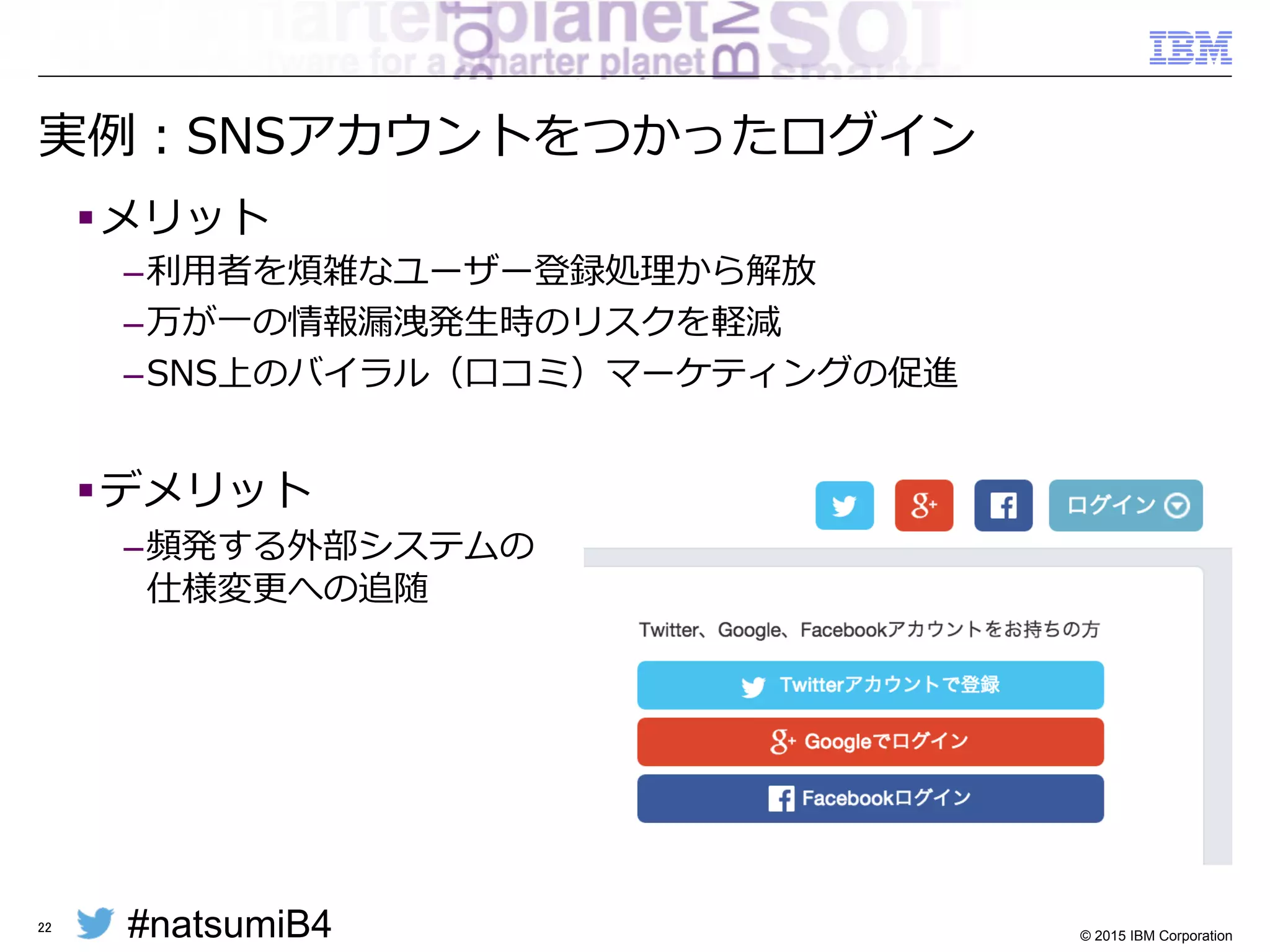 #natsumiB4 © 2015 IBM Corporation
APIの提供や活⽤用による効果
22
APIの提供 APIの活⽤用
•  Assembly
•  Transformation
•  Rationalization
•  Discovery
•  Composition
•  Deployment
Assets &
Services
Application End
Points
新たなチャネルによ
る収益の増⼤大
今までにない新しい
顧客体験の実現
外部 APIs
パートナー APIs
社内 APIs
 