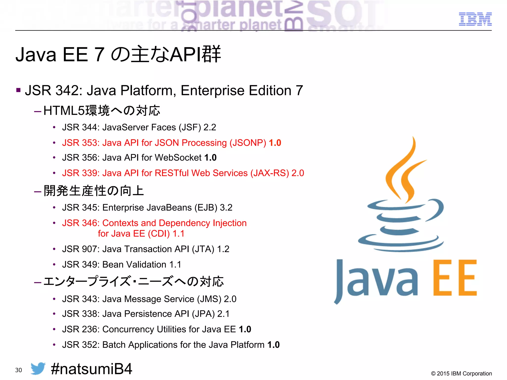 #natsumiB4 © 2015 IBM Corporation
2013年年に正式版となった最新仕様：Java EE 7
§ Java EE 7の三つのゴール
– HTML5環境への対応
– 開発⽣生産性の向上
– エンタープライズ・ニーズへの対応
30
⼤大幅な機能拡張
 